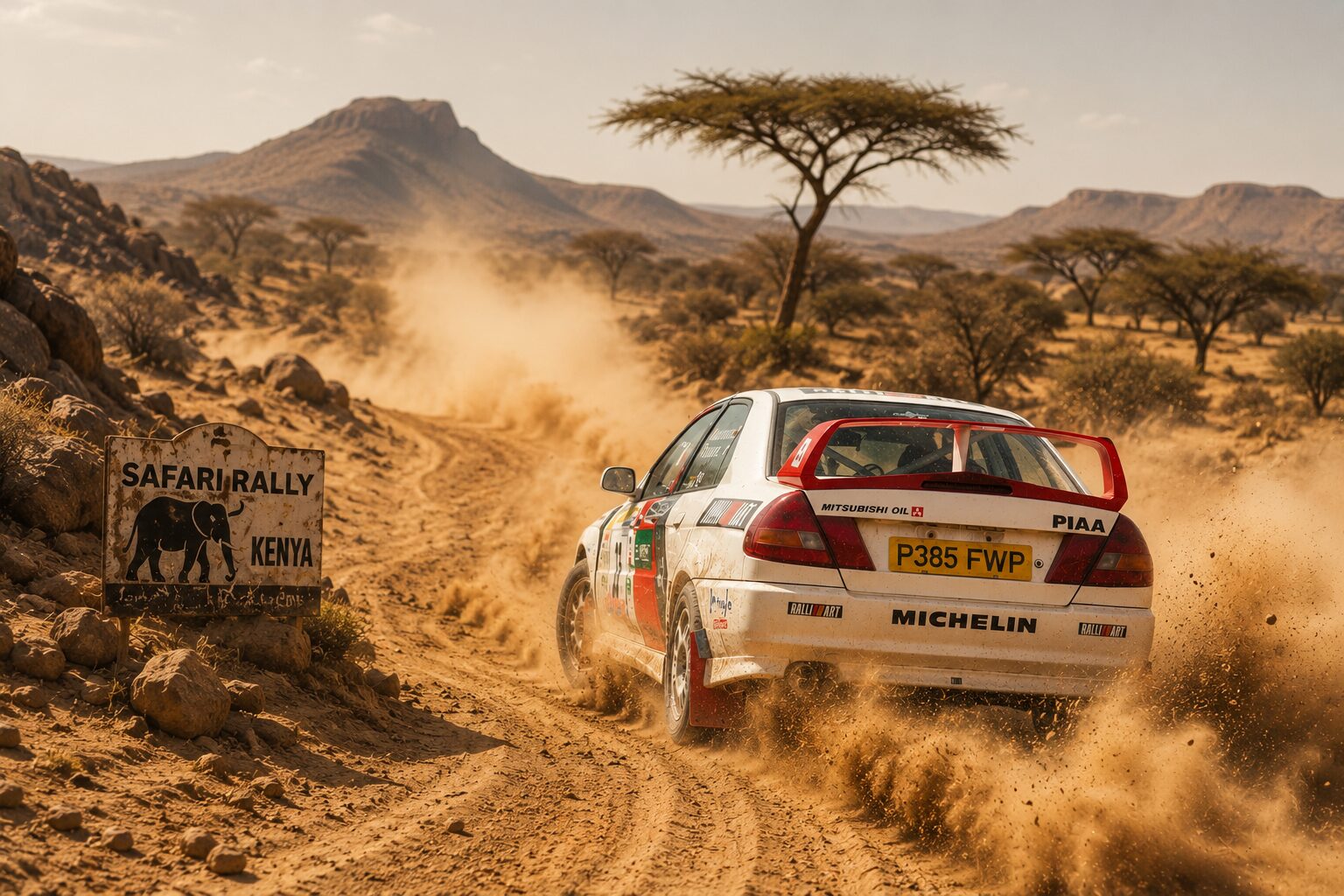 Mitsubishi Evo IV rally car powering through dust past a Safari Rally Kenya sign, acacia trees behind