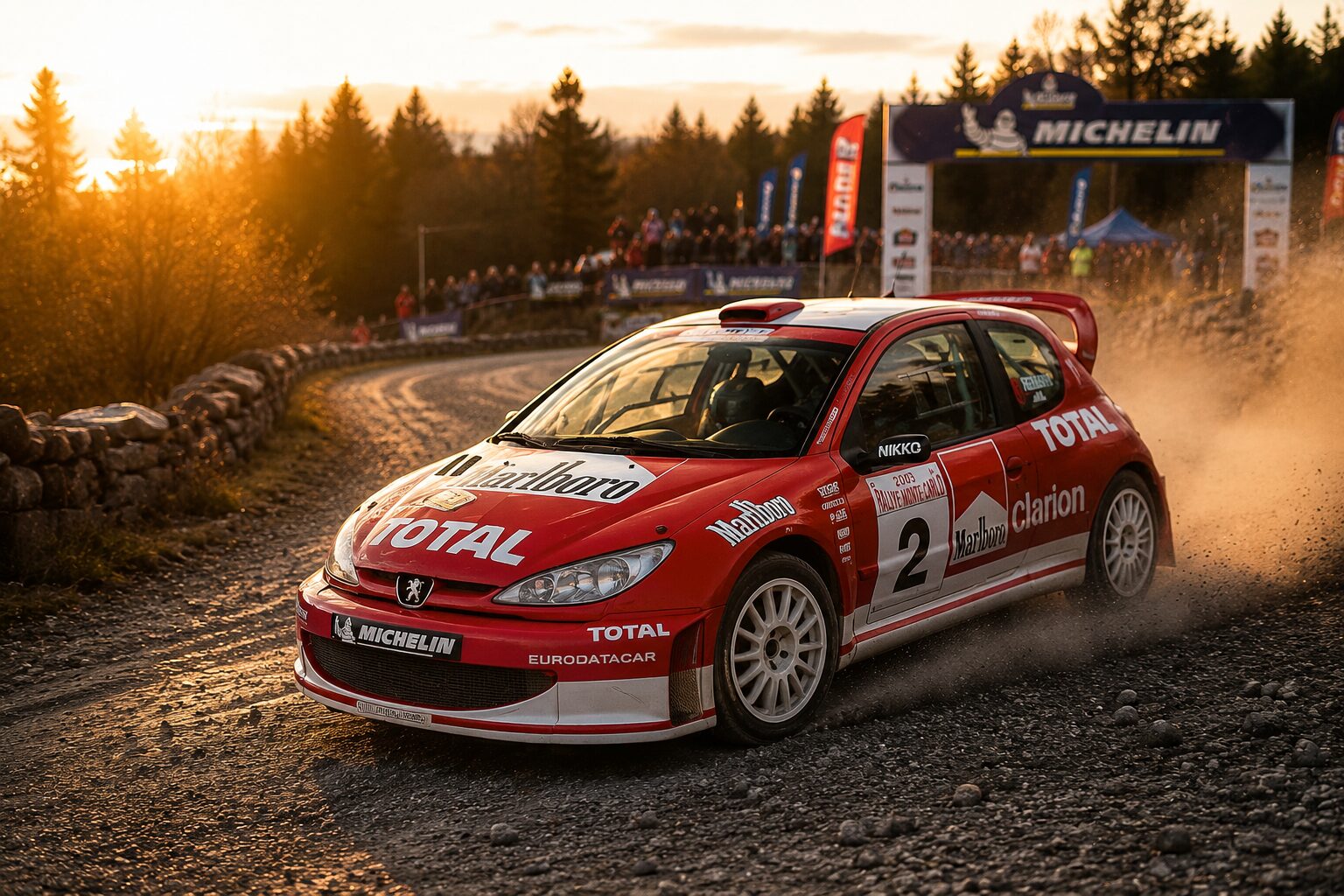 Peugeot 206 WRC in 2003 works livery cornering on a gravel stage at sunset, spectators and event arch behind